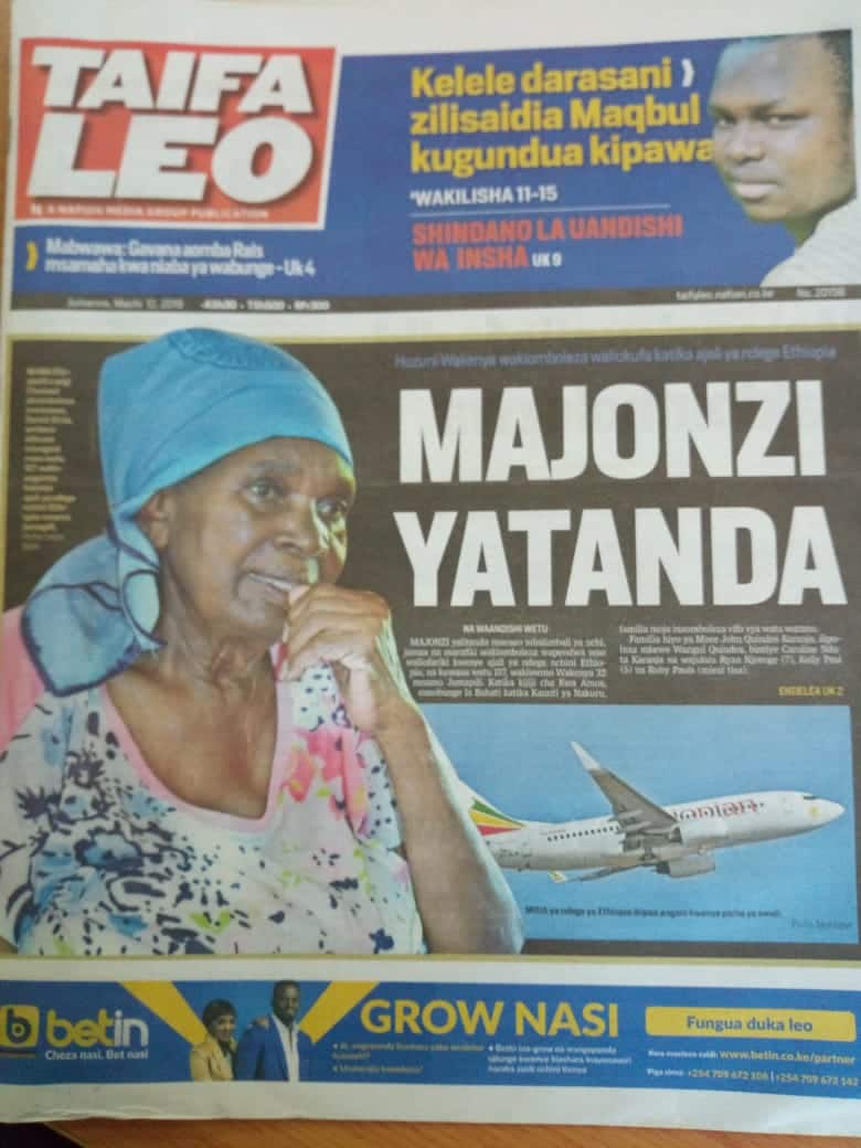 Kenyan newspapers review for March 12: Agony of mother losing second son to plane crash