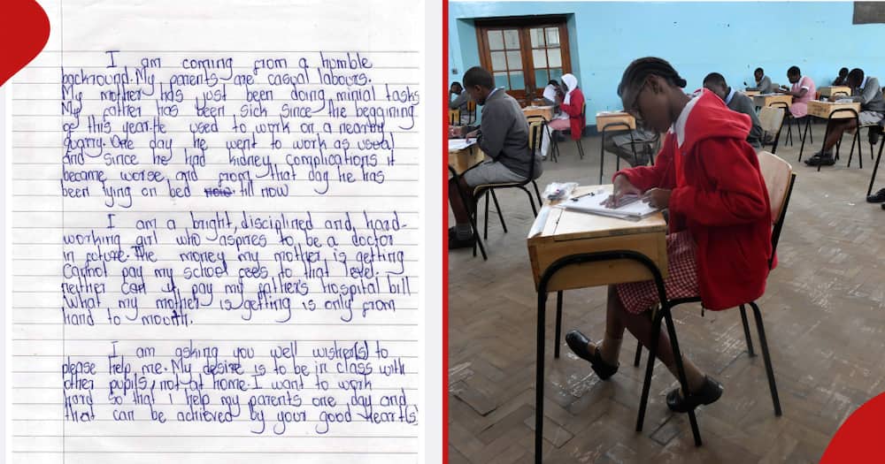 A handwritten letter by Narok girl seeking help (l). A young girl in class (r).
