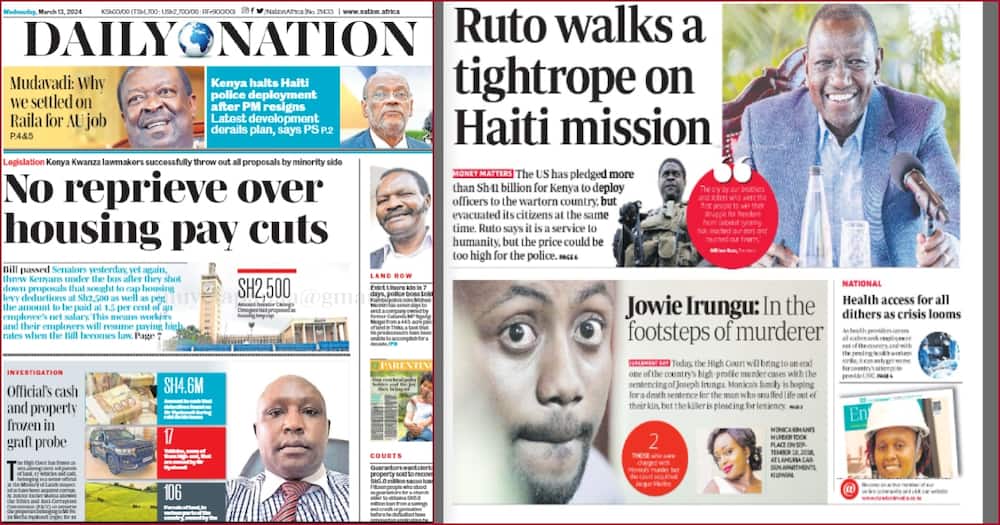 Front pages of Daily Nation and The Standard newspapers.