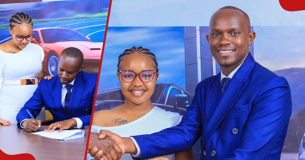 MC Kajim signs lucrative ambassadorial role as wife Silvana Wambui looks on.