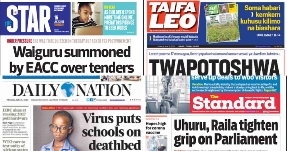 Kenyan newspapers review for July 16: Senior PS, MP and 2 judges still battling COVID-19 after 60 days