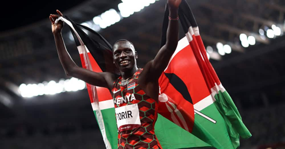 Emmanuel Kipkurui Korir of Team Kenya celebrates winning the gold medal in the Men's 800m Final on day twelve of the Tokyo 2020 Olympic Games at Olympic Stadium on August 04, 2021 in Tokyo, Japan. (Photo by Ryan Pierse/Getty Images)