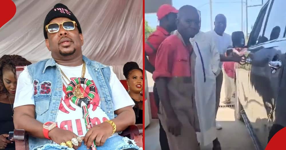 Former Nairobi governor Mike Sonko seated during a past event (left) and a screen grab from a video showing Sonko's car being misfuelled (right).