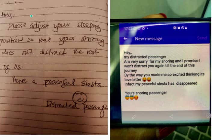 Kenyan passenger writes polite notice to snoring neighbour, gets hilarious response: "Thought it's a love letter
