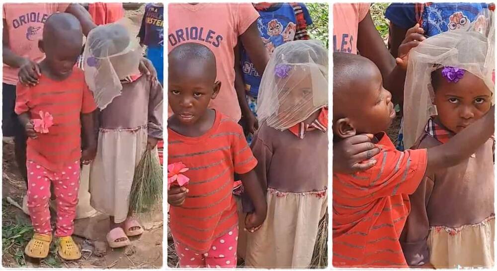 Photos of a boy and a girl getting married the childhood way.