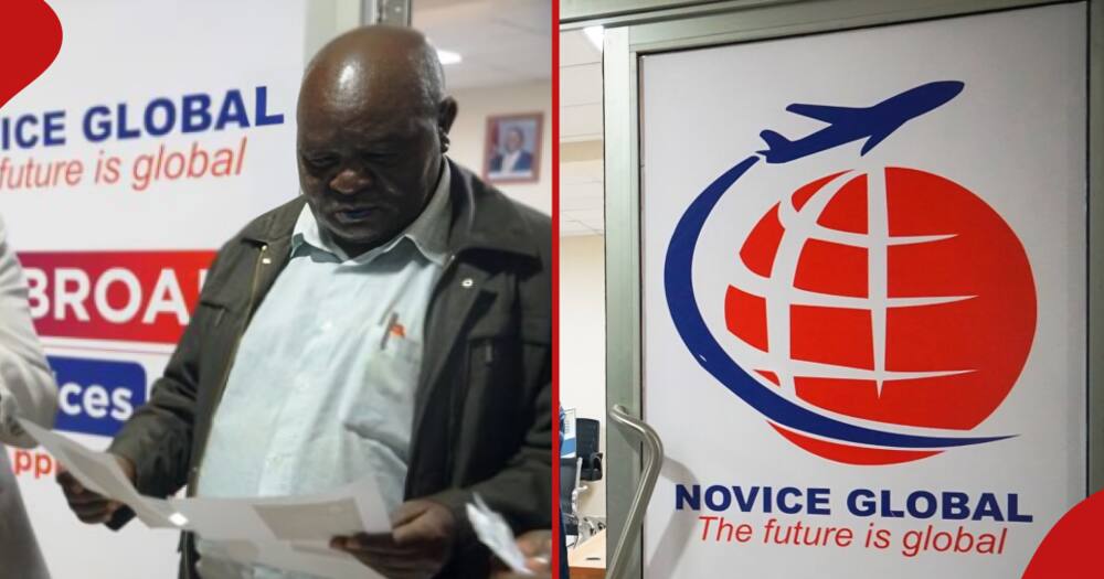 Nandi father Joshua Lagat (l) looking at documents from Novice Global company.