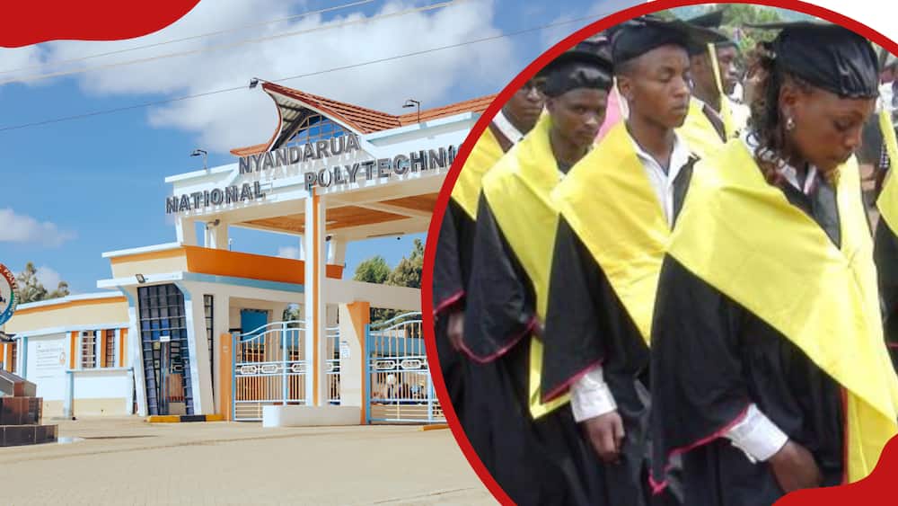 A photo collage of Nyandarua National Polytechnic main gate and graduating students
