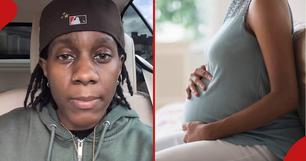 TikToker @abz.iggy while narrating a heartbreak story (left). pregnant African American mother holding her stomach (right.)
