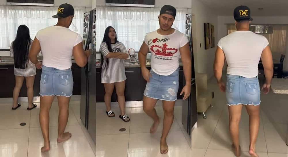 Photos of a man wearing his girl's skirt.