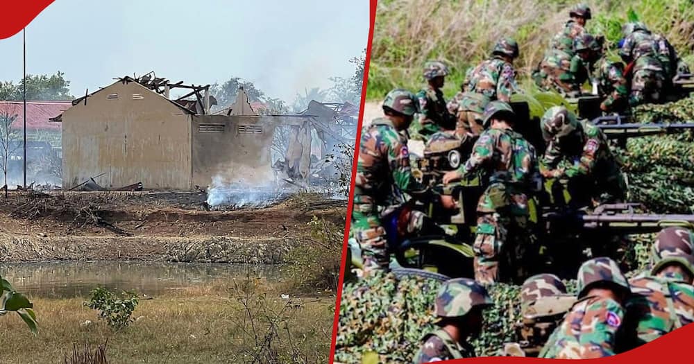 Collage of a army base in Cambodia (l) and soldiers during training (r)