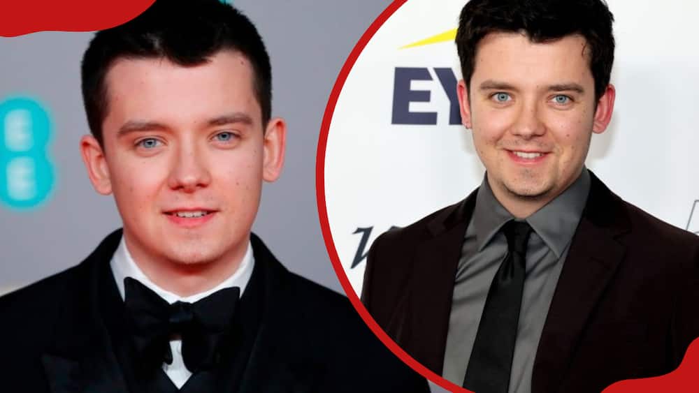A collage of Asa Butterfield at the 50th International Emmy Awards and R Asa Butterfield at the EE British Academy Film Awards 2020