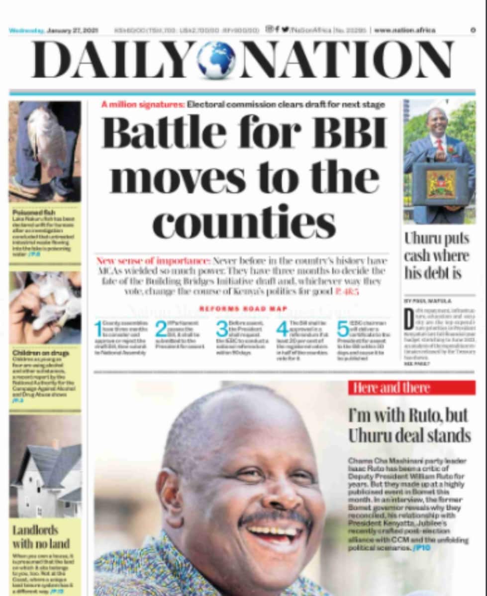 Kenyan newspapers review for January 27: MCAs set to make, break BBI push as bill heads to counties