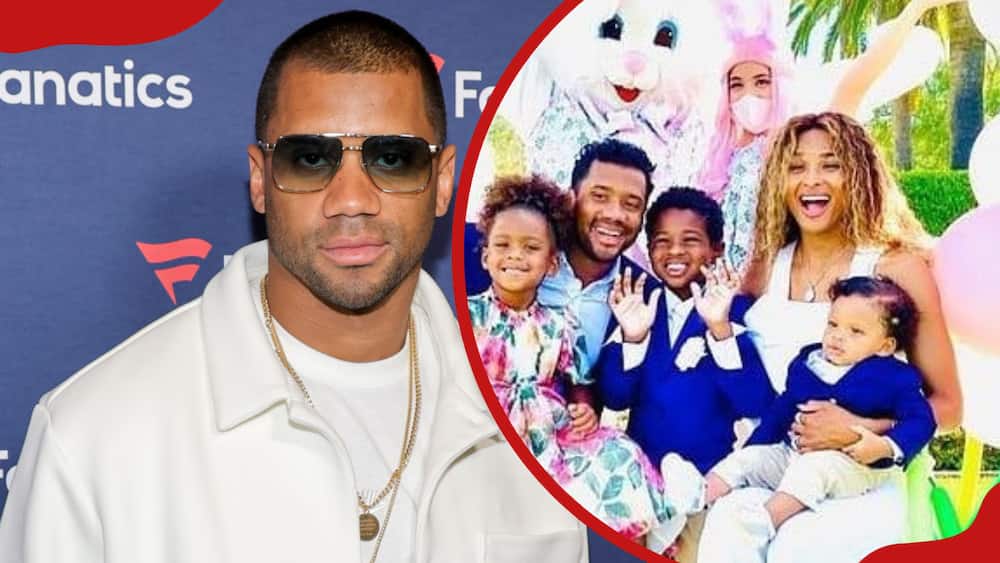 A collage of Russell Wilson at the Michael Rubin's Fanatics Super Bowl party and Russell Wilson with his family