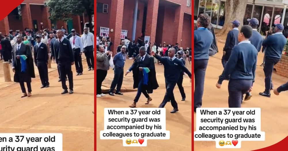 A 37-year-old South African security guard graduated and celebrated with his supportive colleagues.