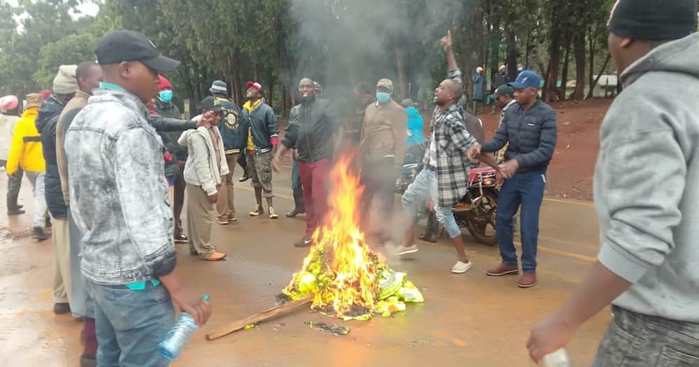 Youths burning Anne Waiguru's branded reflectors. Photo: NTV.