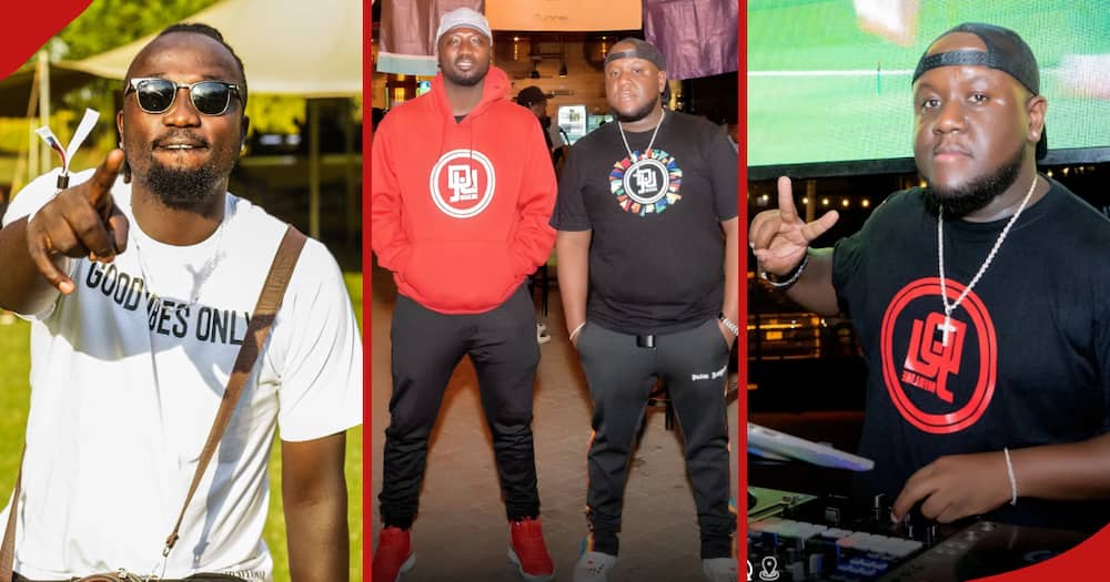 Allan Ochieng', aka Hype Ballo, poses for a photo while pointing his hand at the camera (left), DJ Joe Mfalme and Ballo at an event (centre) and DJ Joe performing at an event (right).