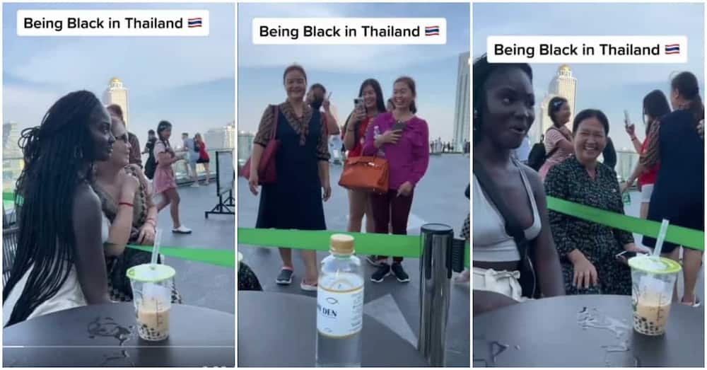 Photos of video showing Caucasians taking a picture with beautiful Black lady