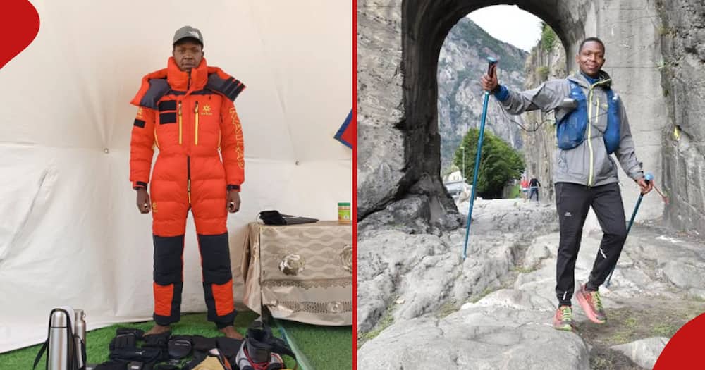 Cheruioyot Kirui showing off his climbing gear as he prepared to summit Mt Everest and him during a different climb