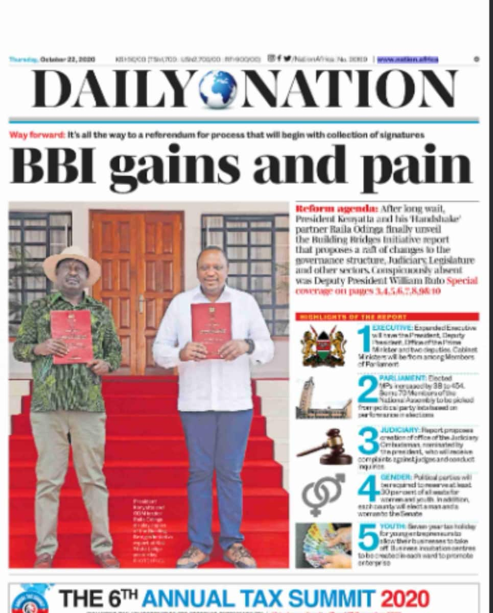 Kenyan newspapers review for Oct 22: Gains and pains of final BBI report