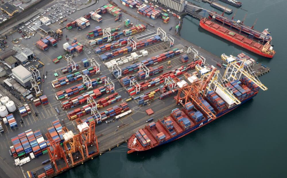 A container ship docks at the Port of Vancouver in November 2021