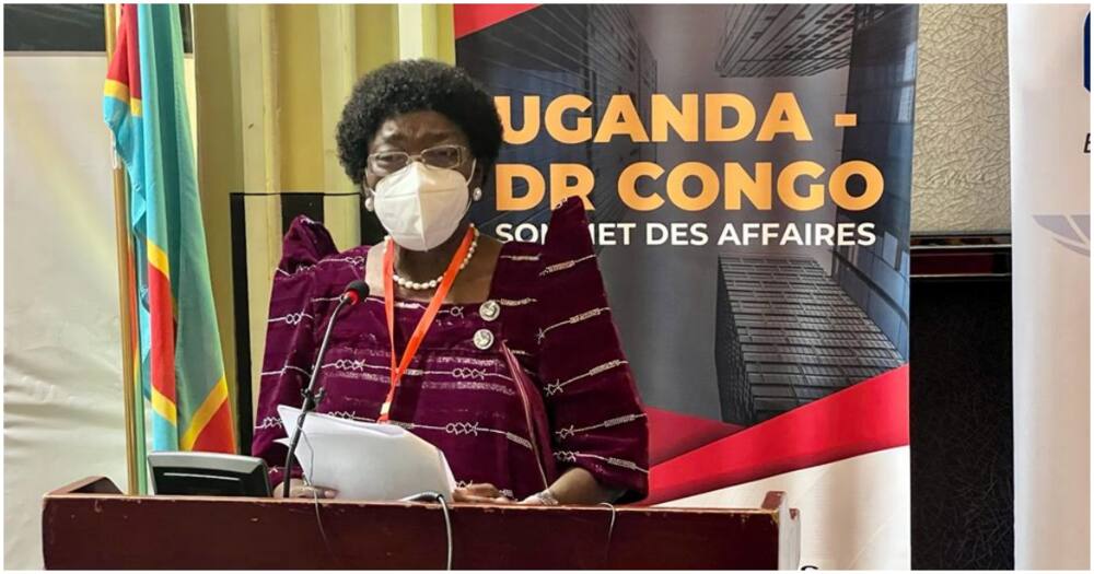 Uganda first Deputy PM Rebecca Kadaga speaking at the Uganda-DR Congo trade summit on May 30, 2022.