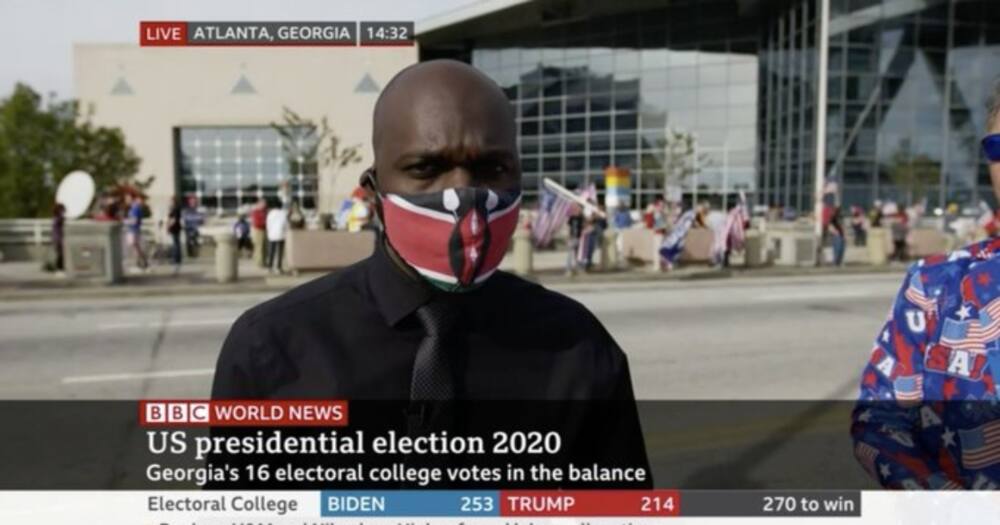 Larry Madowo proudly rocks Kenyan flag face mask while reporting for BBC