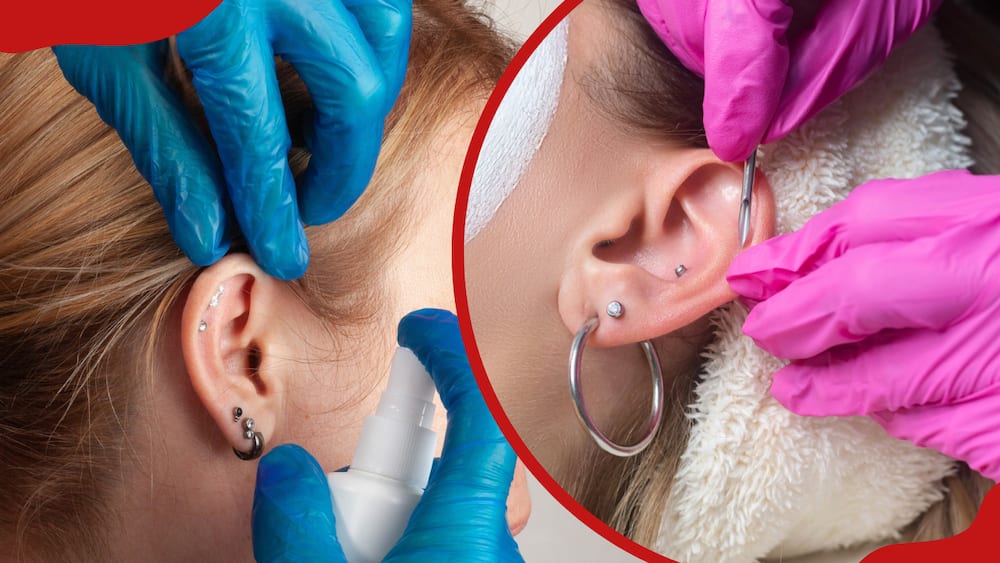 A collage of an ear piercing procedure in the salon and a close-up of an ear with a piercing and a bottle of care liquid