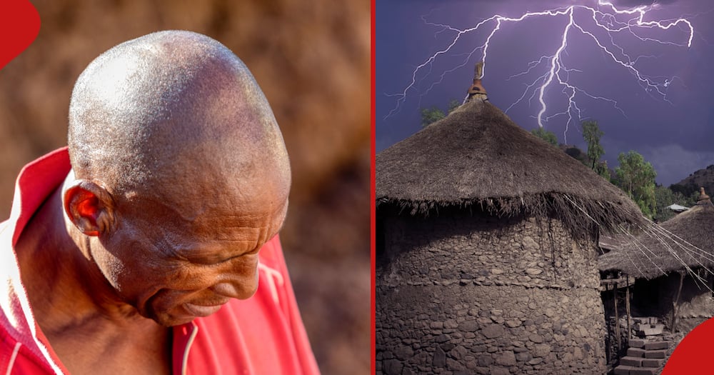 An old man standing at an illegal mine and lighting striking a home.