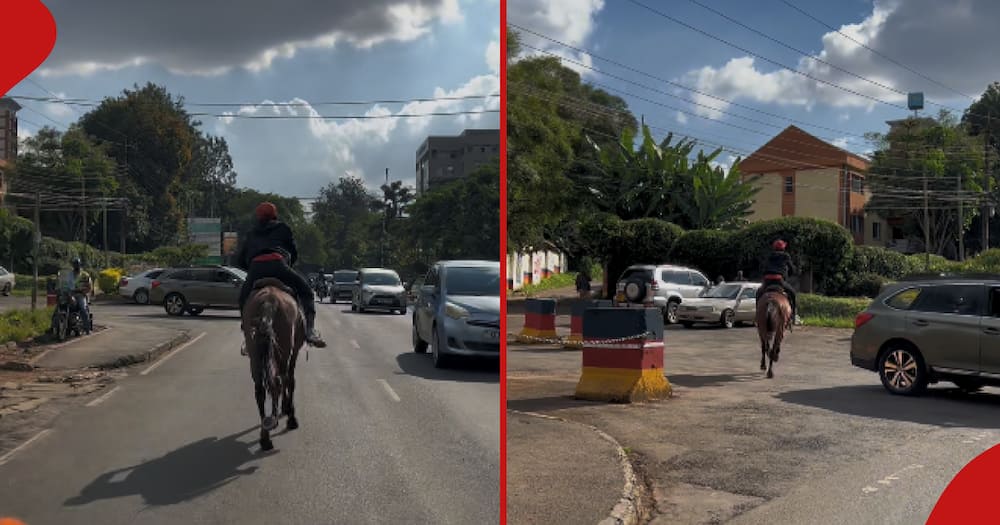 Young man expertly rides energetic horse past police station.