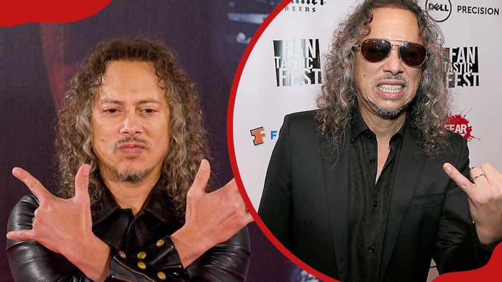 A collage of Kirk Hammett at the Callao Cinema ME and Kirk Hammett at the red carpet of the film "Metallica: Through The Never" screening