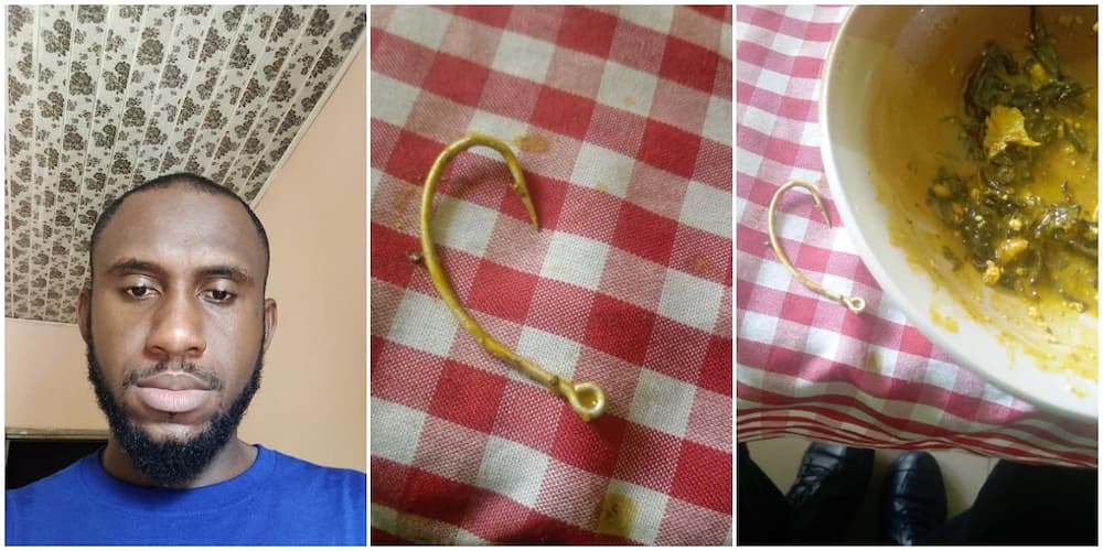 Nigerian Man Shares Photos of the Big Hook He Found in the Soup He Ordered in a Restaurant, Stirs Reactions