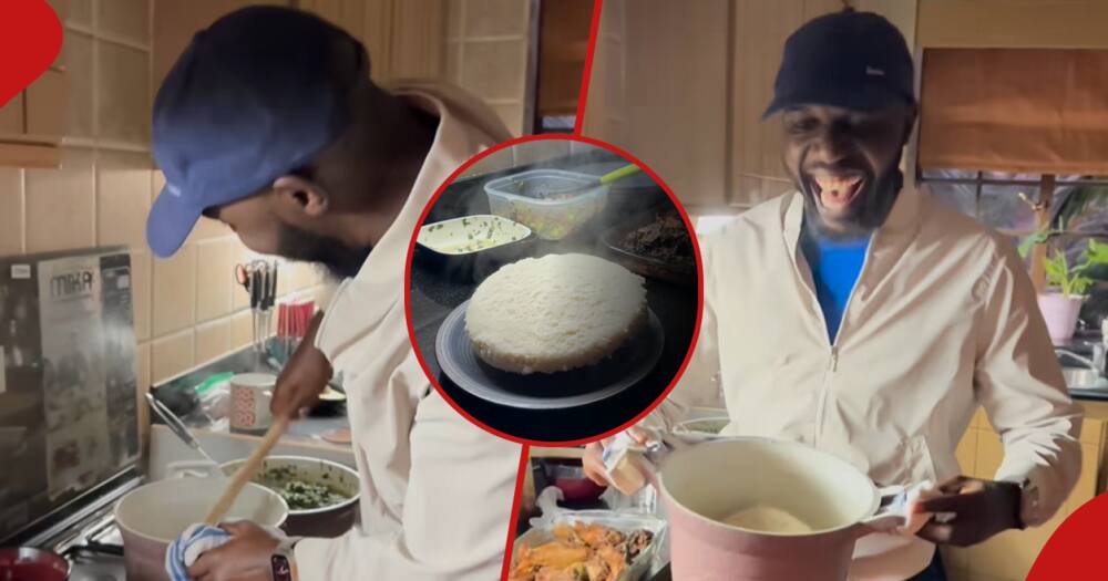 Larry Madowo cooking ugali.