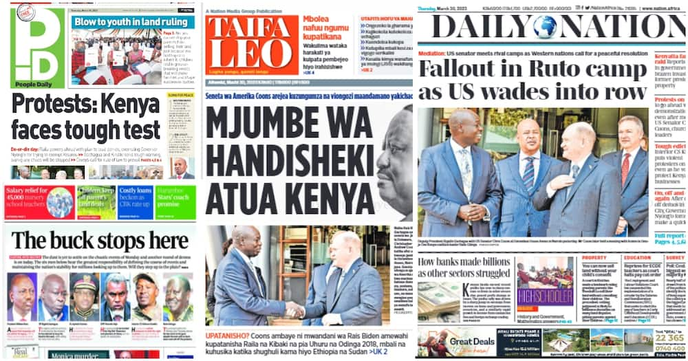 Kenyan newspapers. Photo: Screengrabs from The Standard, Daily Nation, People Daily and Taifa Leo.