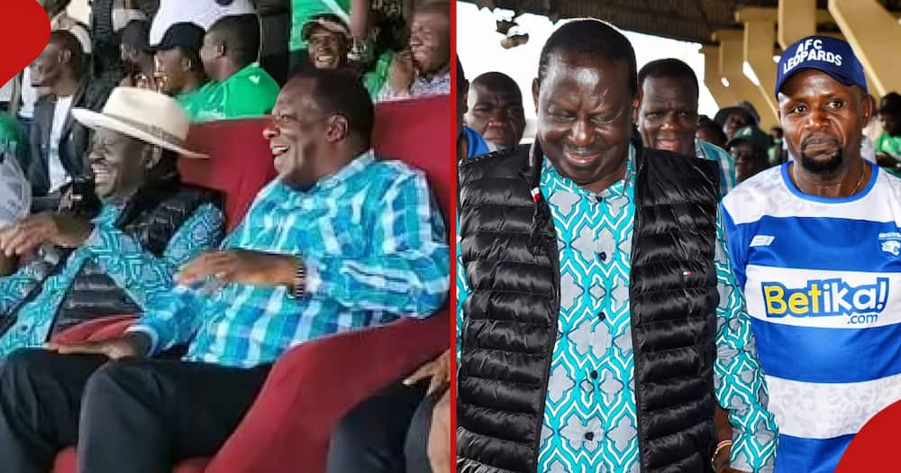 Raila Odinga and Wycliffe Oparanya at Nyayo Stadium during Gor Mahia vs AFC Leopard's game. Governor George Natembeya (r).