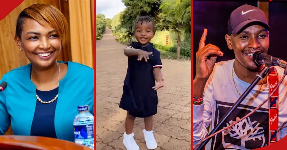 Karen Nyamu smiles in the left frame. The centre frame shows Nyamu and Samidoh's daughter, Teraya Wairimu, singing a nursery rhyme, and in the right frame, Samidoh performs his music at an event.