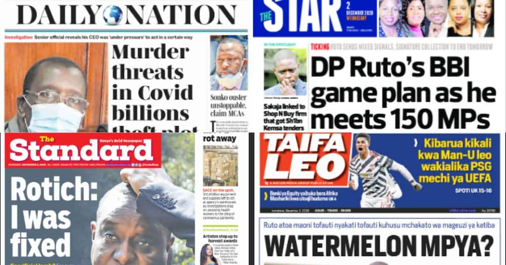 Magazeti Jumatano Disemba 2: DP Ruto kukutana na wabunge 150 Karen kujadili BBI