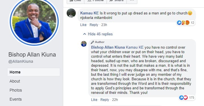 Bishop Allan Kiuna defends son after he was criticised for going to church with dreadlocks