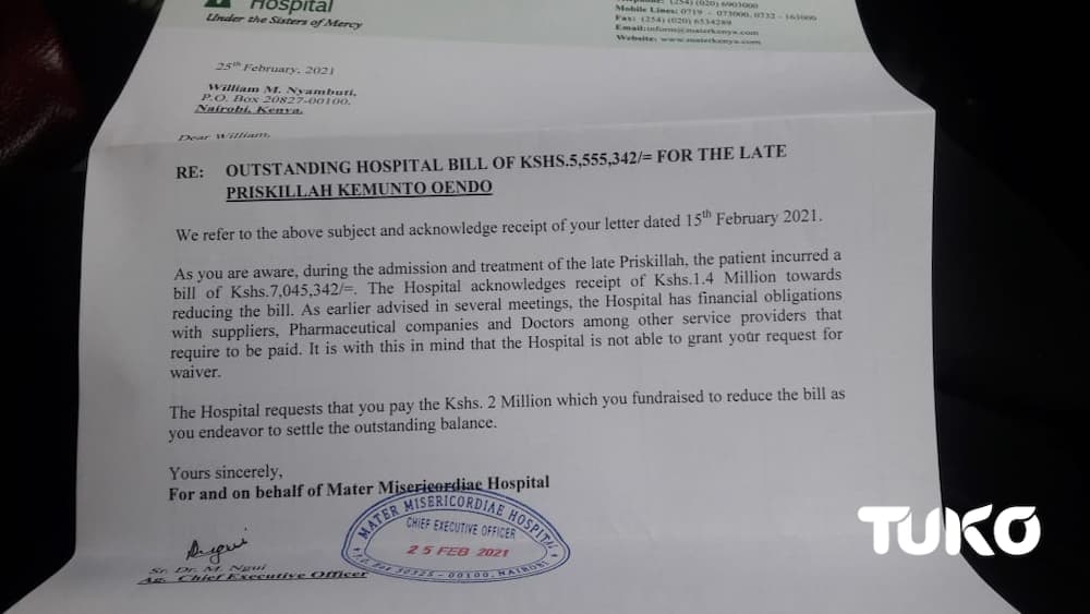 Kisii family seeks help to get relative's body detained at Mater Hospital over KSh 5.5m bill