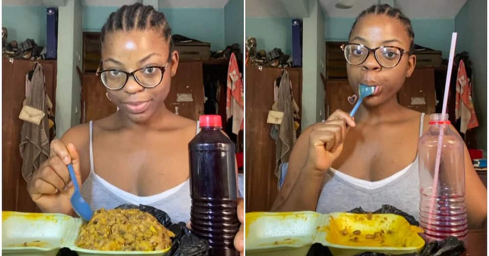 Woman causes massive stir after finishing plate of beans with 1 big bottle of zobo