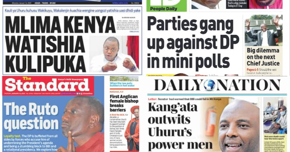 Kenyan newspapers review for January 14: Uhuru displeased with Kang'ata over controversial BBI letter, hunt for his replacement looming