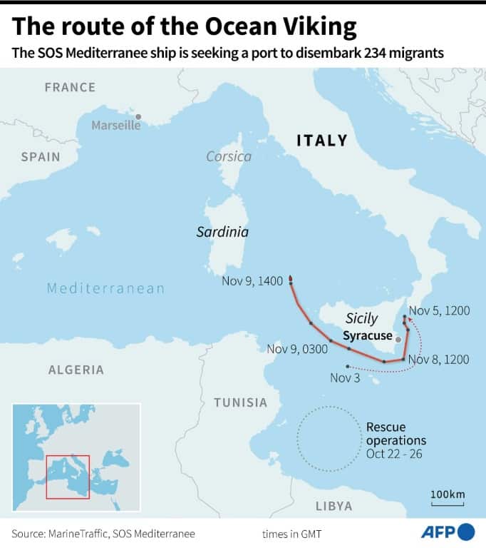 Map of the zone where the NGO vessel, the Ocean Viking, rescued migrants from October 22 to October 26 and its journey since November 3 as it seeks a port to disembark the migrants