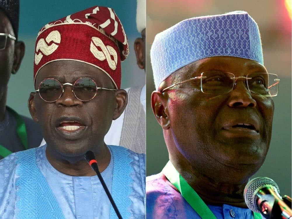 This combination of file pictures shows
Nigeria's ruling party (All Progressive Congress) presidential flagbearer, Bola Tinubu (L) and Nigerian former Vice President Atiku Abubakar (R) of the Peoples Democratic Party (PDP).