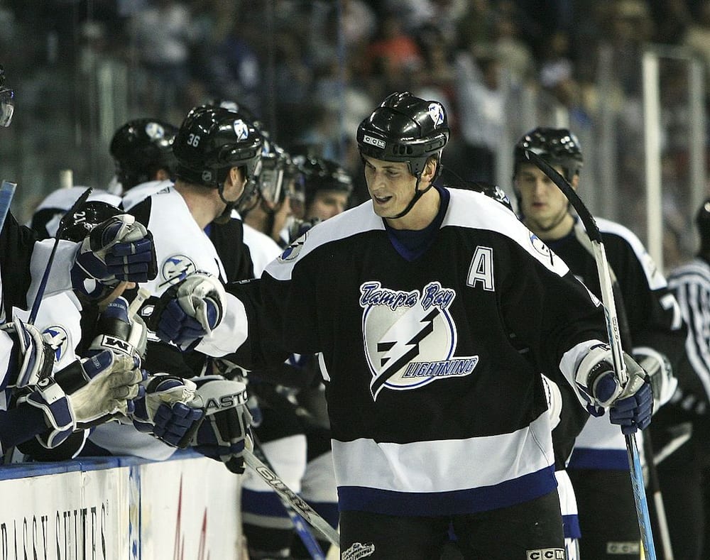 Vinny Lecavalier #4 of the Tampa Bay Lightning celebrates after his first period goal against the Toronto Maple Leafs at the St. Pete Times Forum on January 16, 2007 in Tampa, Florida.