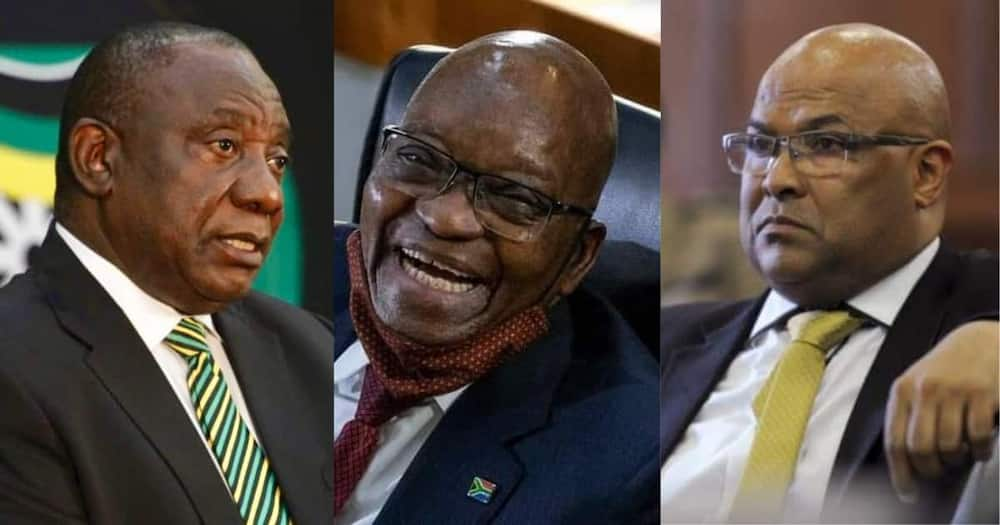 Collage of South Africa President Cyril Ramaphosa (r), former SA president Jacob Zuma, (c) and Arthur Fraser (l). Photo : @MyAnc, @Henry Mthembu.