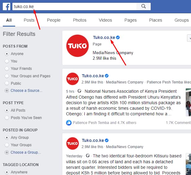 How to find Facebook comments by user Tuko.co.ke