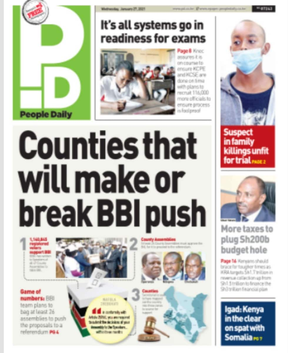 Kenyan newspapers review for January 27: MCAs set to make, break BBI push as bill heads to counties