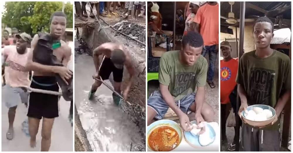 Ghana, Accra, Nigerian thief cleans gutter in Accra, Aliyu John, 22 years old, Ogun state, banku