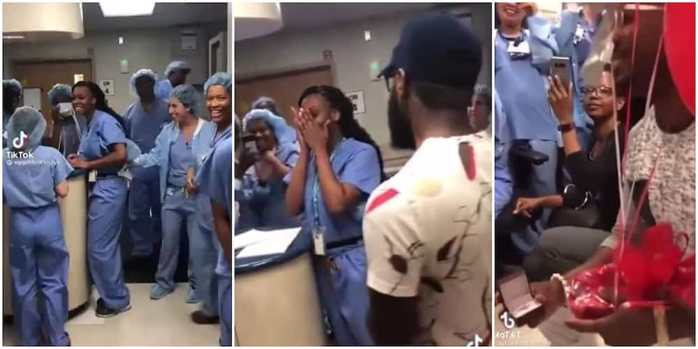Man causes stir at a hospital, embarrasses nurse before colleague as he seeks her hand in marriage, video stirs reactions.