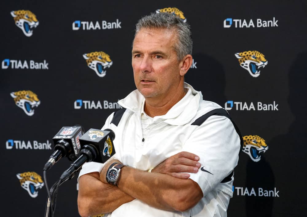 Urban Meyer of the Jacksonville Jaguars addresses the media during a press conference following a preseason game against the Cleveland Browns at TIAA Bank Field