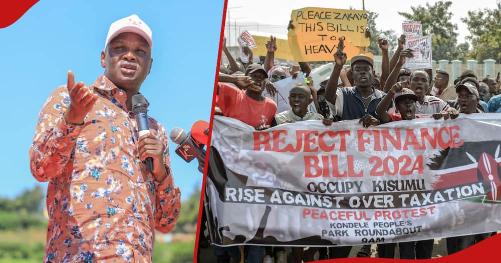 Collage of Farouk Kibet (r) and anti-finance bill protesters (r)